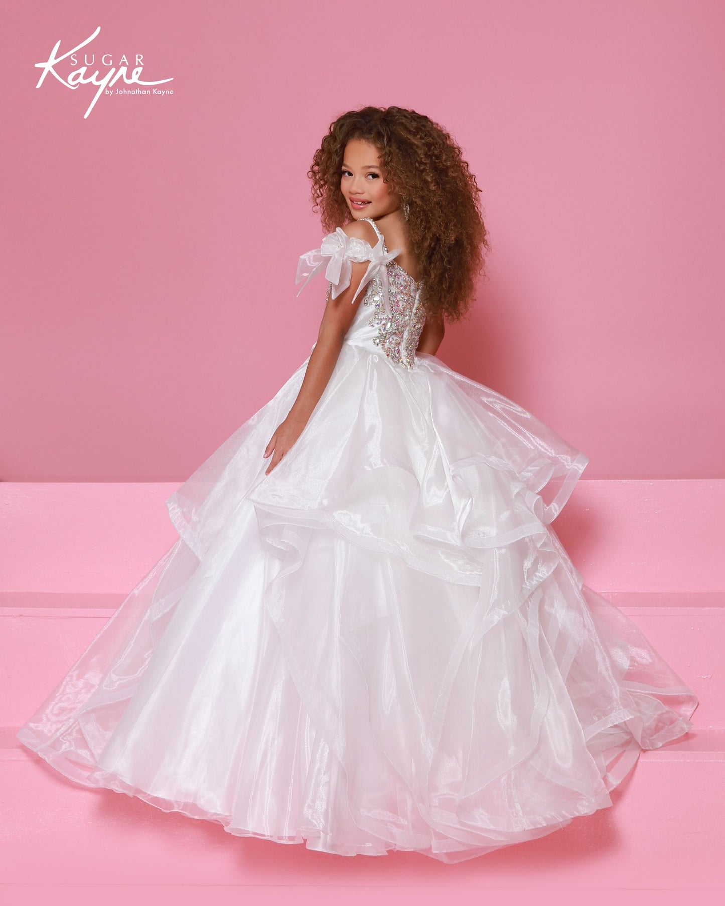 Sugar Kayne C398 Girls White Pageant Dress Beaded Crystal Back