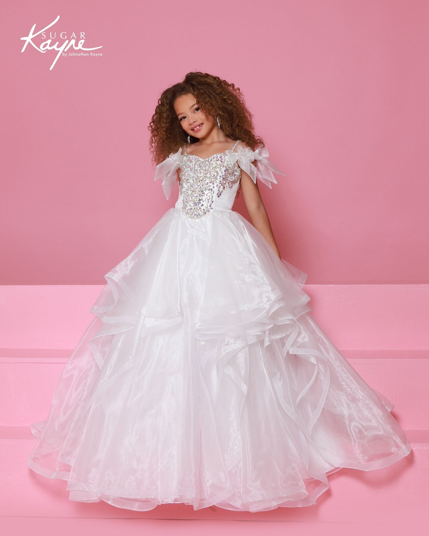 Sugar Kayne C398 Girls White Pageant Dress Crystal Beaded Front