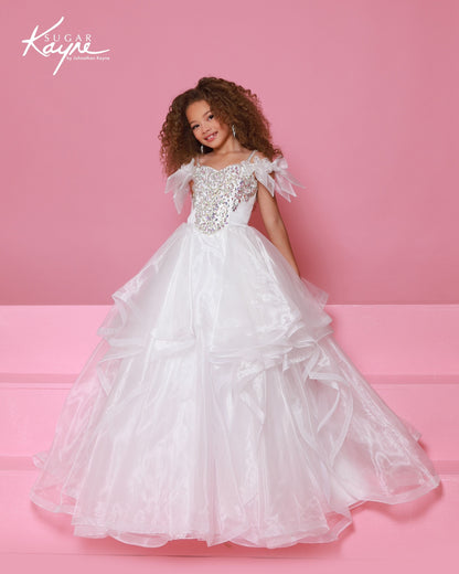 Sugar Kayne C398 Girls White Pageant Dress Crystal Beaded Front