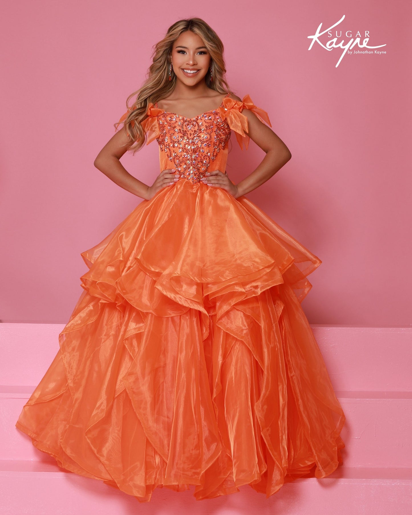 Sugar Kayne C398 Tangerine Girls Pageant Dress Beaded Crystal  Front Bow Straps