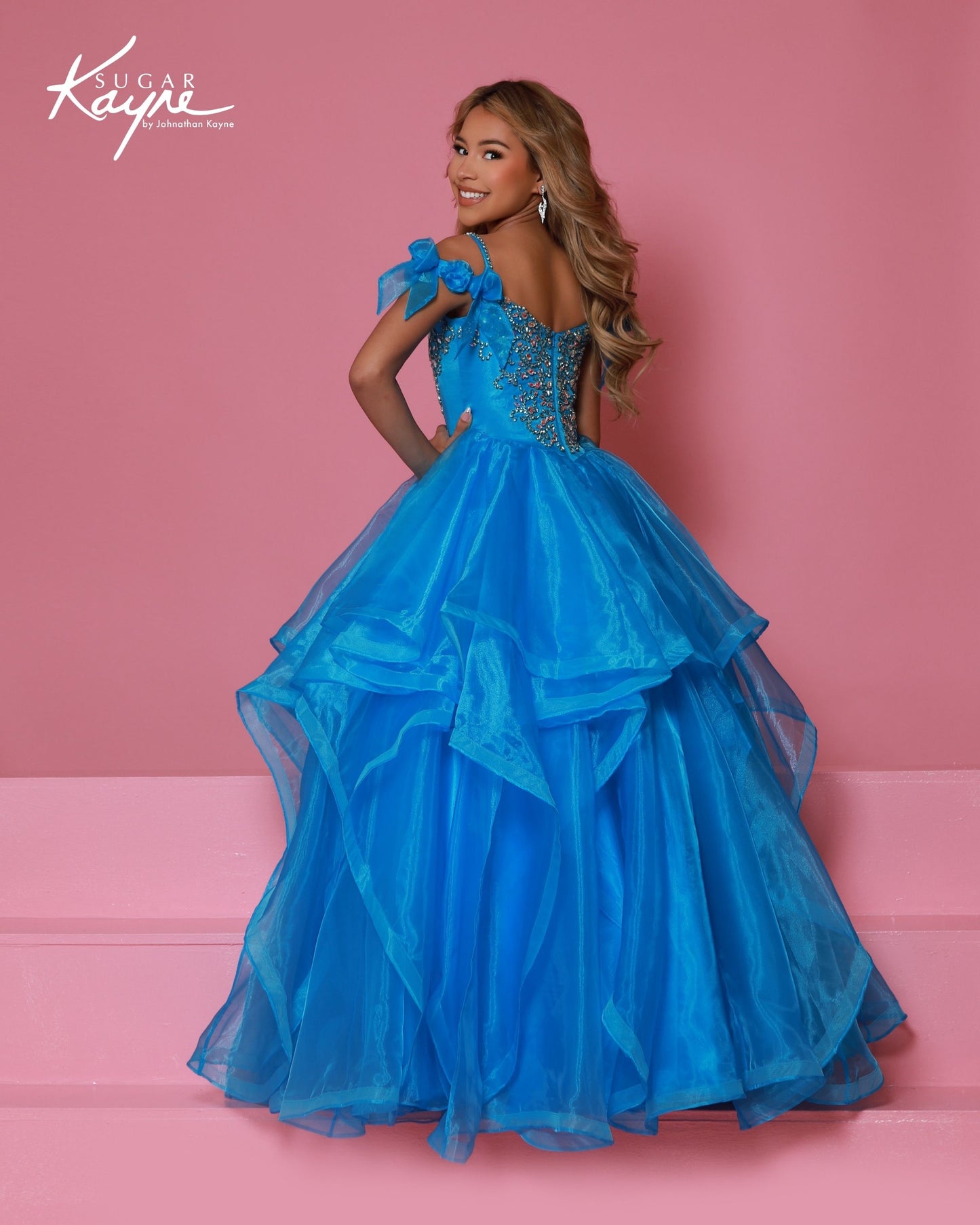 Sugar Kayne C398 Turquoise Girls Pageant Dress Beaded Crystal Back