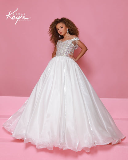 Sugar Kayne C400 girls white pageant dress
	
Steal the show in this mirror organza ballgown featuring a dazzling crystal bodice with beaded fringe, lace-up back, and voluminous skirt that flows with every step, made for those unforgettable moments on stage.
