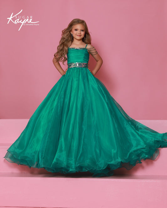 Designer: Sugar Kayne — Style C401
Sugar Kayne style C401 is a classic girls pageant dress with layered organza and a smooth satin lining for beautiful volume and shine. The full skirt and refined bodice give this gown timeless pageant appeal, making it ideal for everything from local titles to national stages.

Sizes: 2–16
Colors: Cotton Candy, Jade, White/Gold