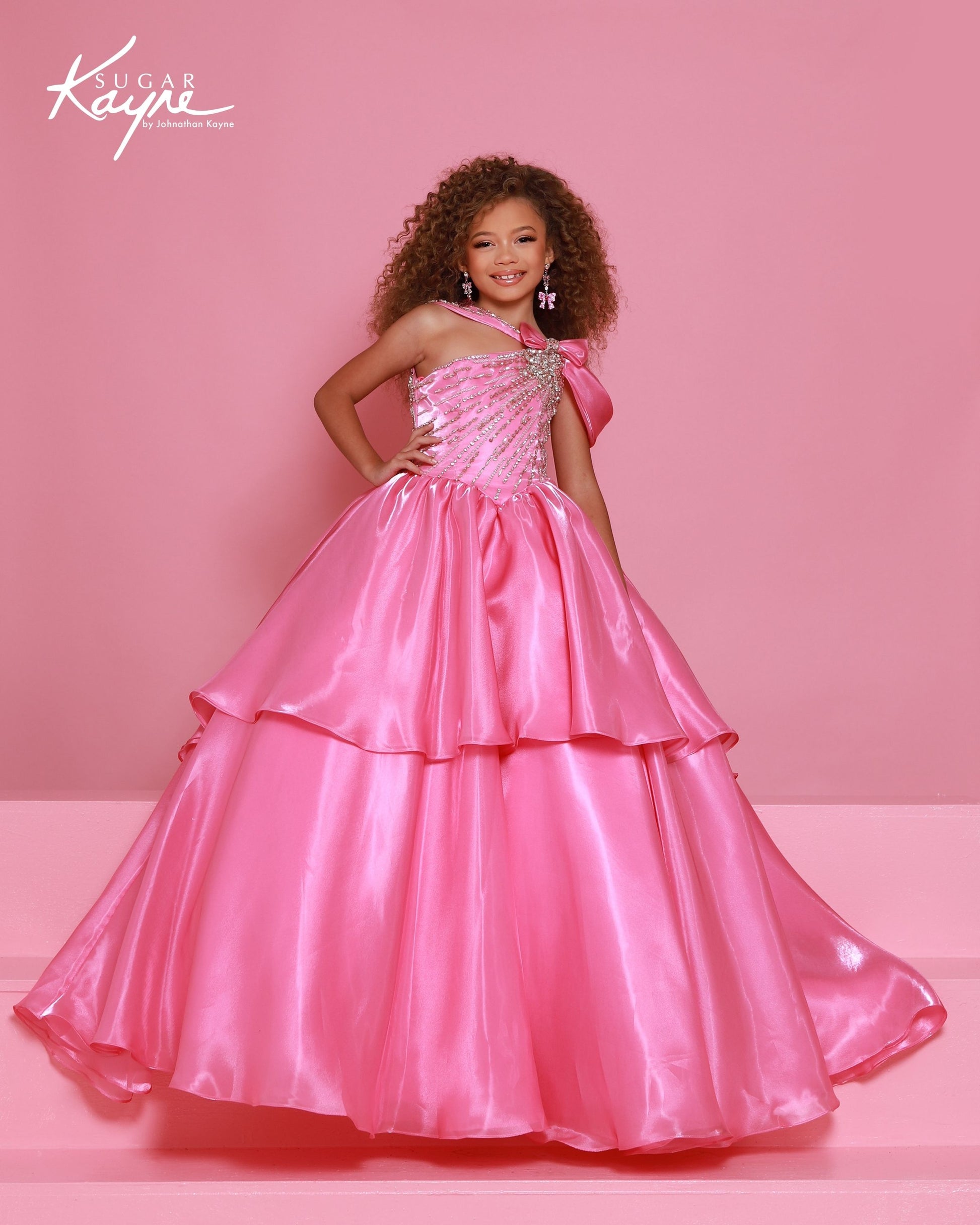 Sugar Kayne C403 Girls Bubblegum Pink Pageant Dress Bow Layered Skirt