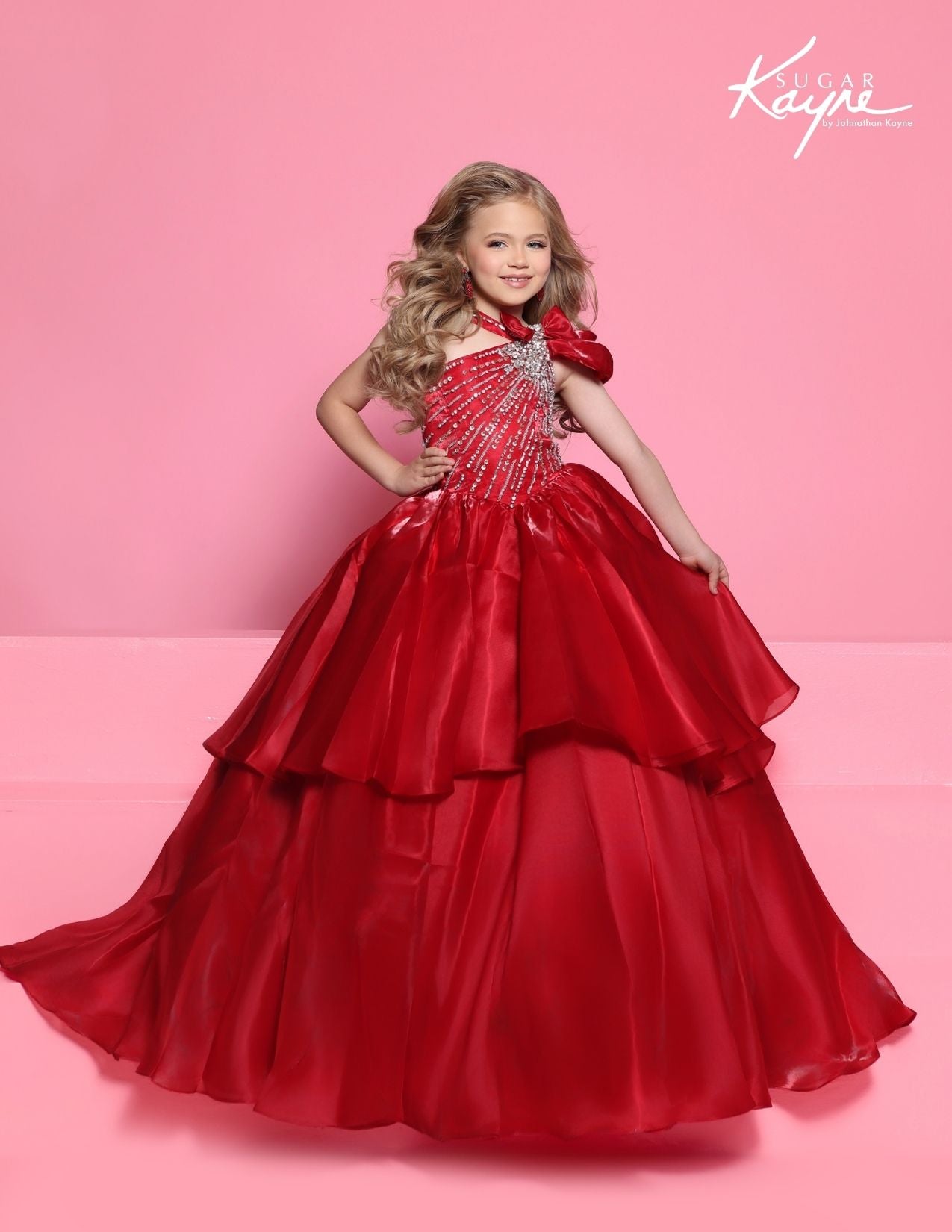 Sugar Kayne C403 Girls Cherry Red Pageant Dress Bow One Shoulder Choker