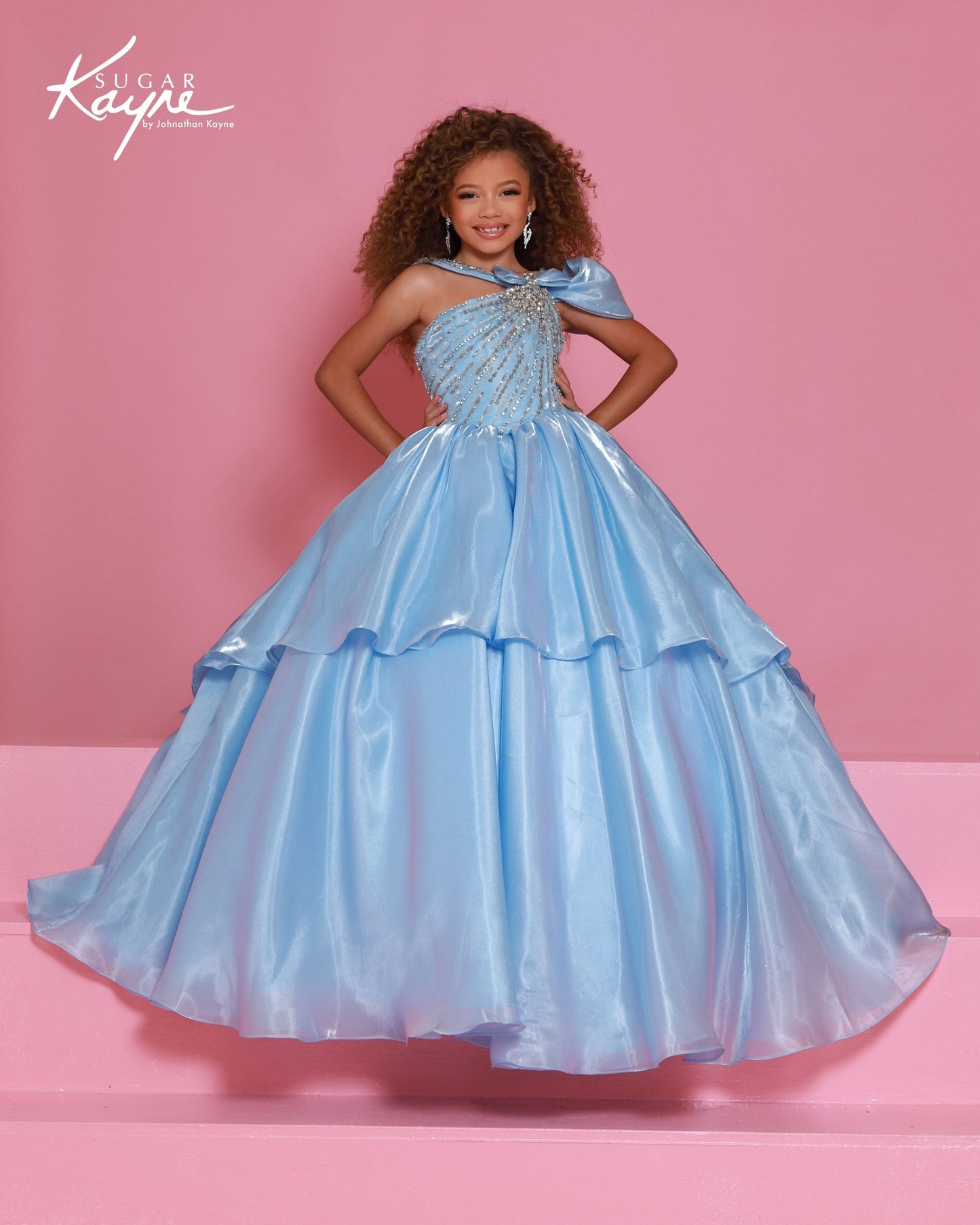 Sugar Kayne C403 Girls Ice Blue Pageant Dress Bow One Shoulder Choker
