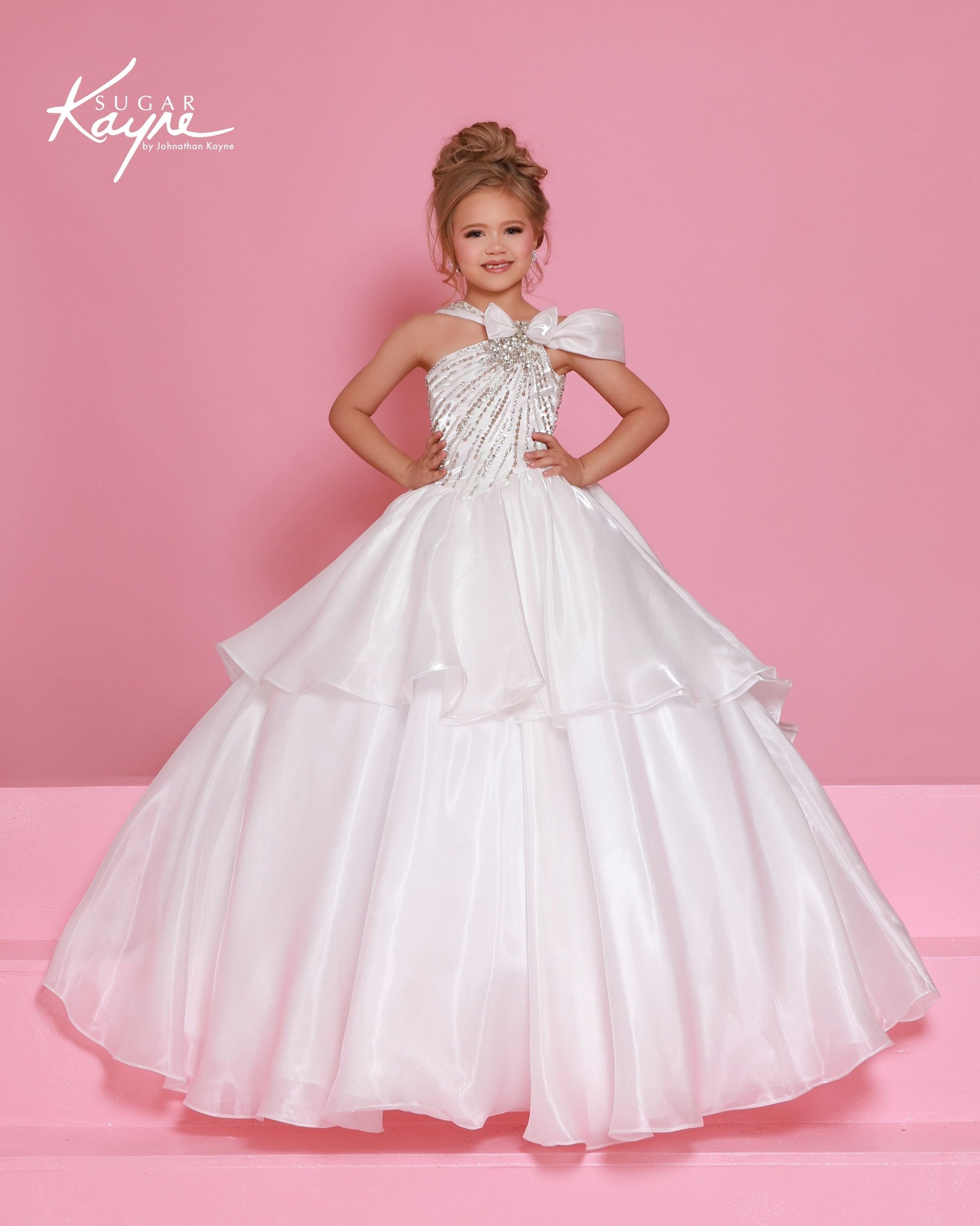 Sugar Kayne C403 Girls White Pageant Dress Bow One Shoulder