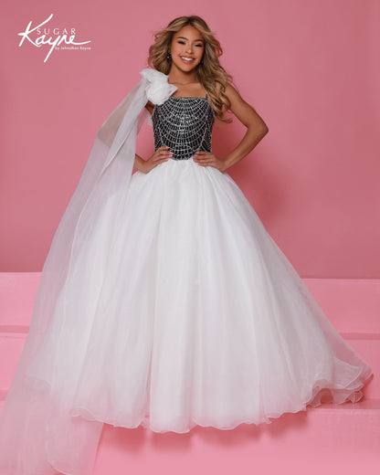 Sugar Kayne C414 Girls Black White Pageant Dress One Shoulder Cape