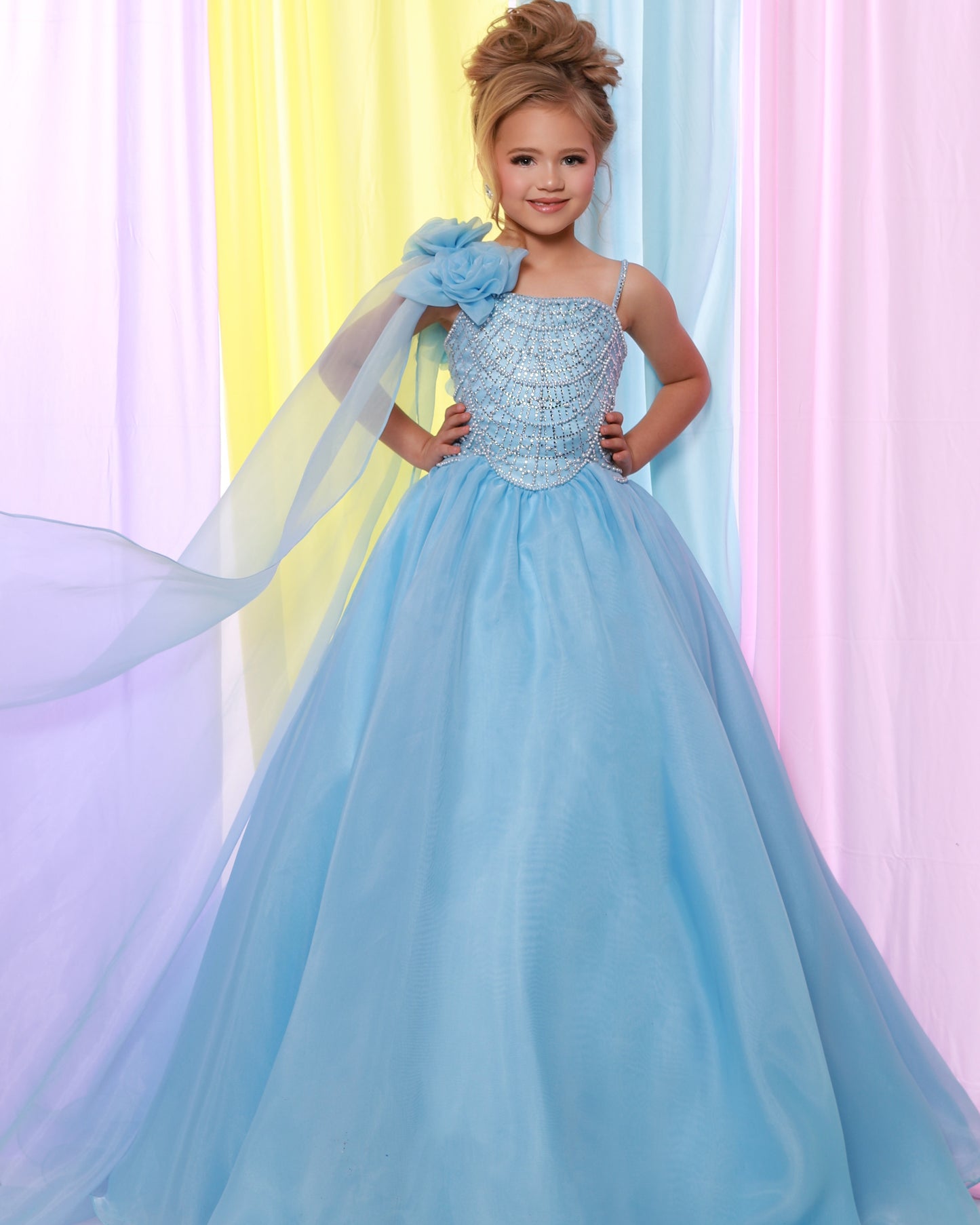 Sugar Kayne C414 Girls Cinderella Blue Pageant Dress One Shoulder Cape Flower Detail