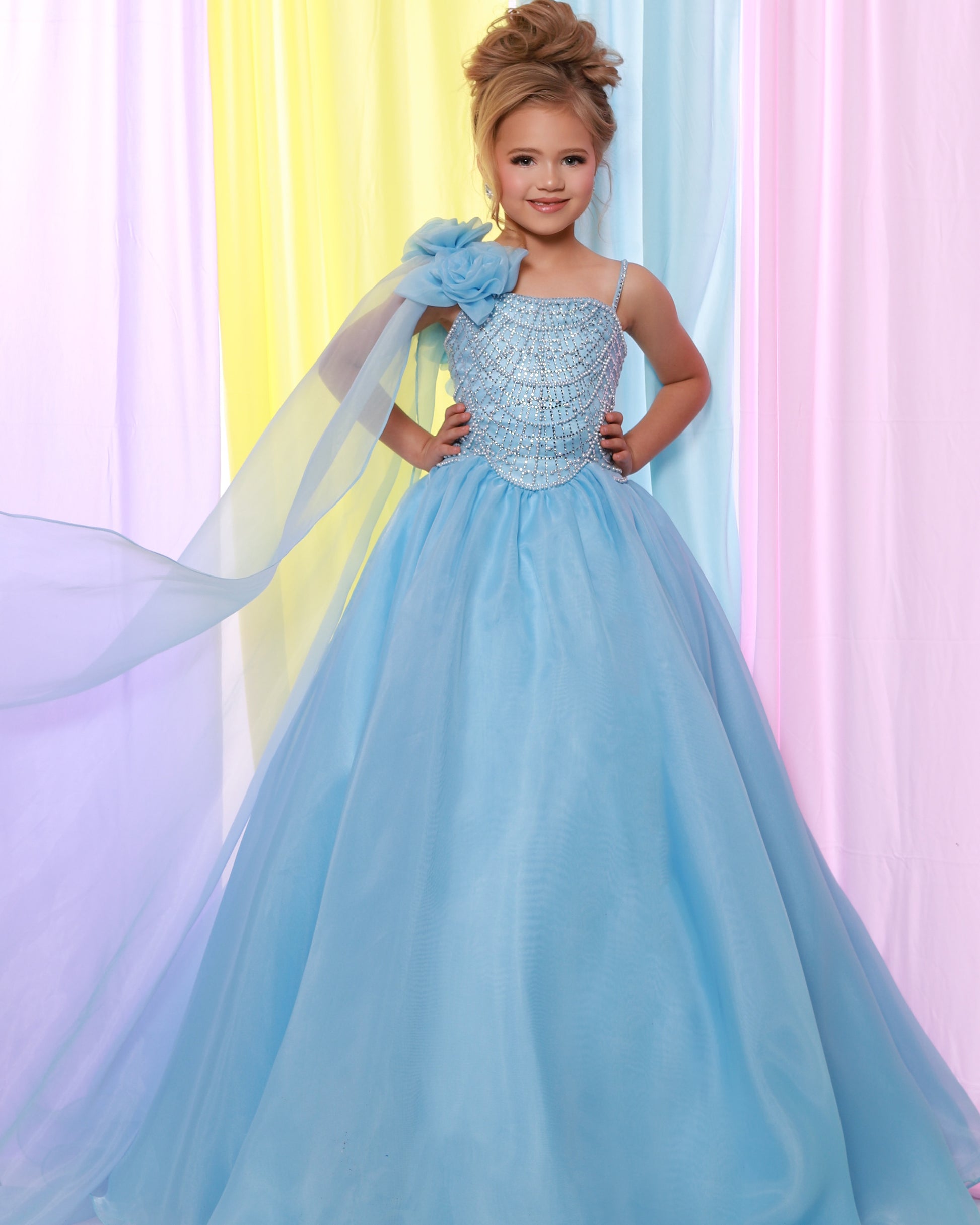 Sugar Kayne C414 Girls Cinderella Blue Pageant Dress One Shoulder Cape Flower Detail