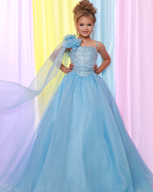 Sugar Kayne C414 Girls Cinderella Blue Pageant Dress One Shoulder Cape Flower Detail