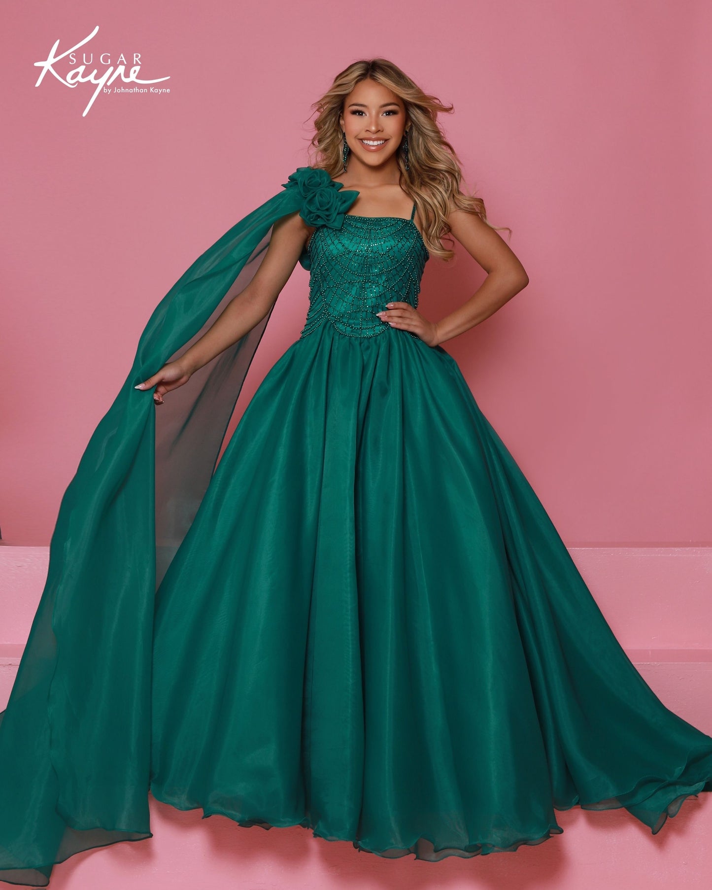 Sugar Kayne C414 Girls Emerald Green Pageant Dress Flower Cape