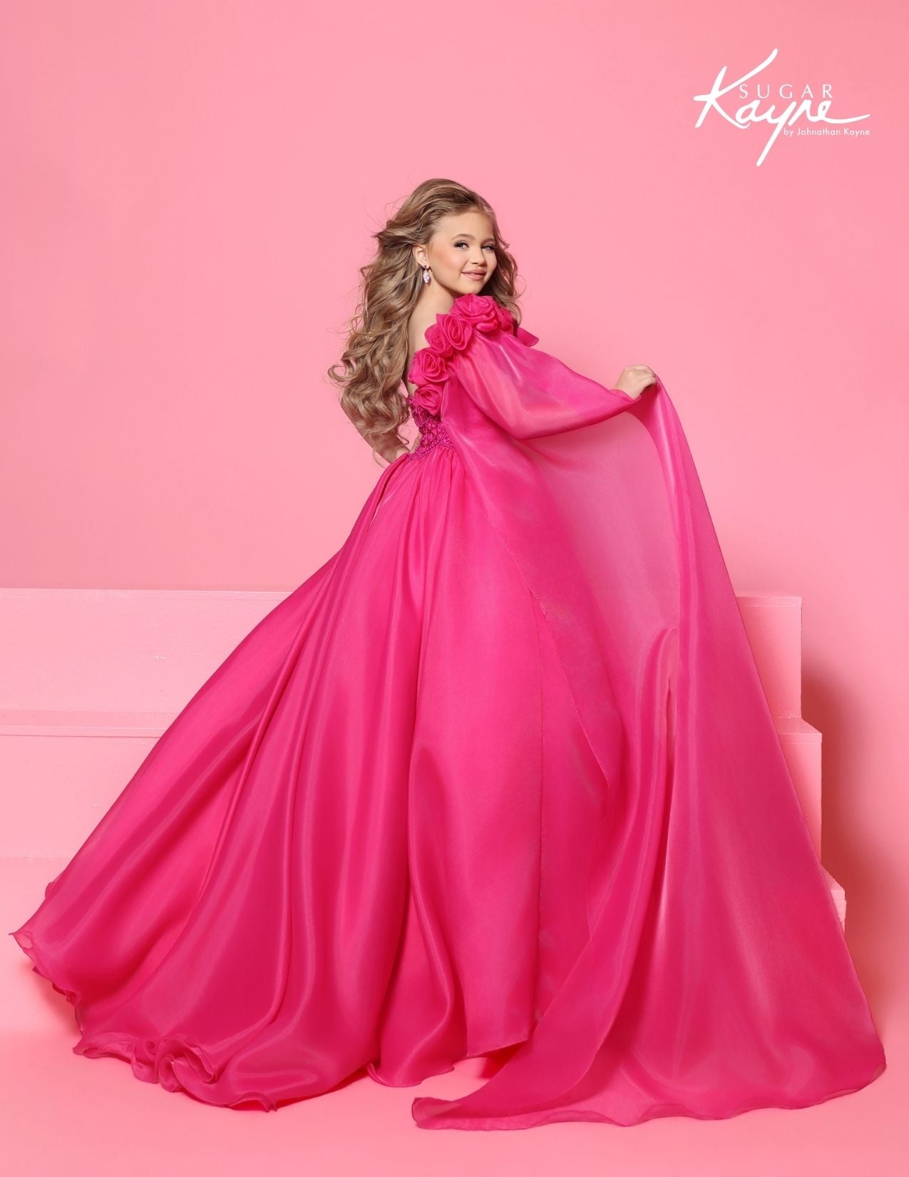 Sugar Kayne C414 Girls Fuchsia Pageant Dress One Shoulder Cape back