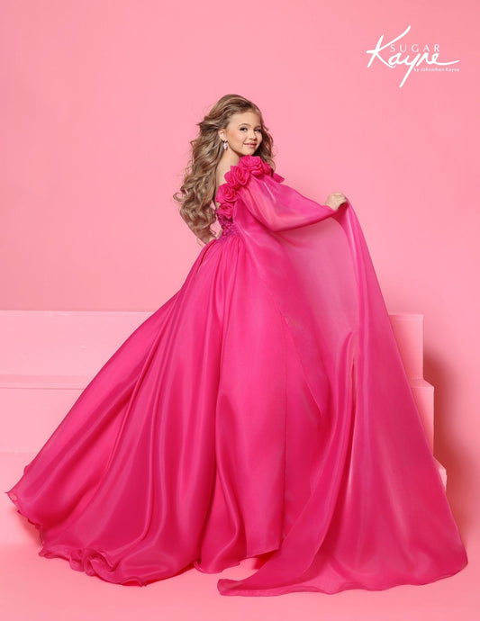 Sugar Kayne C414 Girls Fuchsia Pageant Dress One Shoulder Cape back