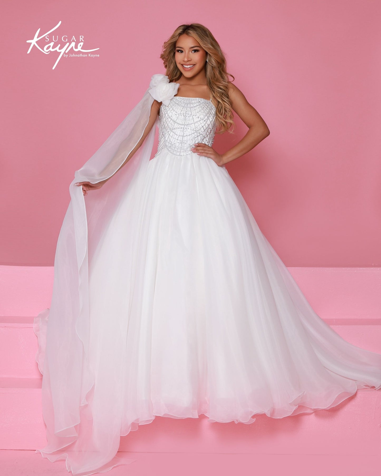 Sugar Kayne C414 Girls White Pageant Dress One Shoulder Cape