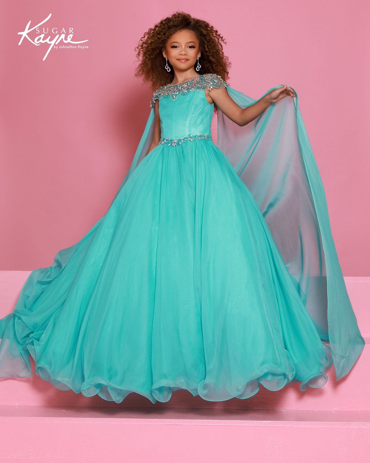 Sugar Kayne C415 Girls Aqua Pageant Dress Chiffon Cape