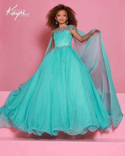 Sugar Kayne C415 Girls Aqua Pageant Dress Chiffon Cape