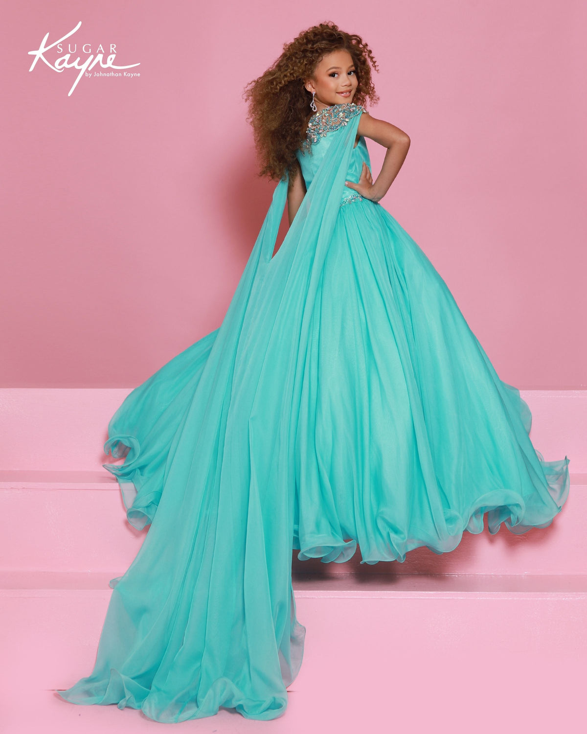 Sugar Kayne C415 Girls Aqua Pageant Dress Chiffon Cape back