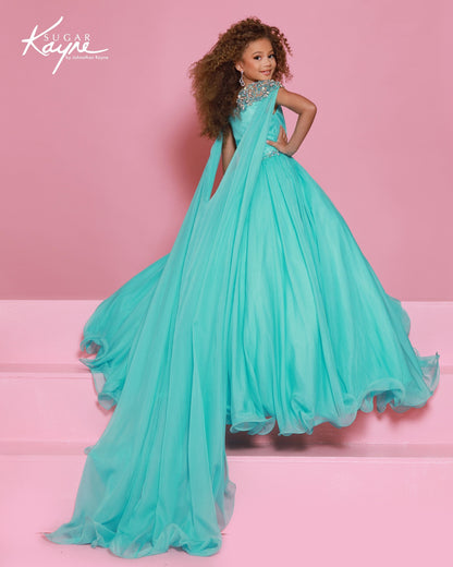Sugar Kayne C415 Girls Aqua Pageant Dress Chiffon Cape back