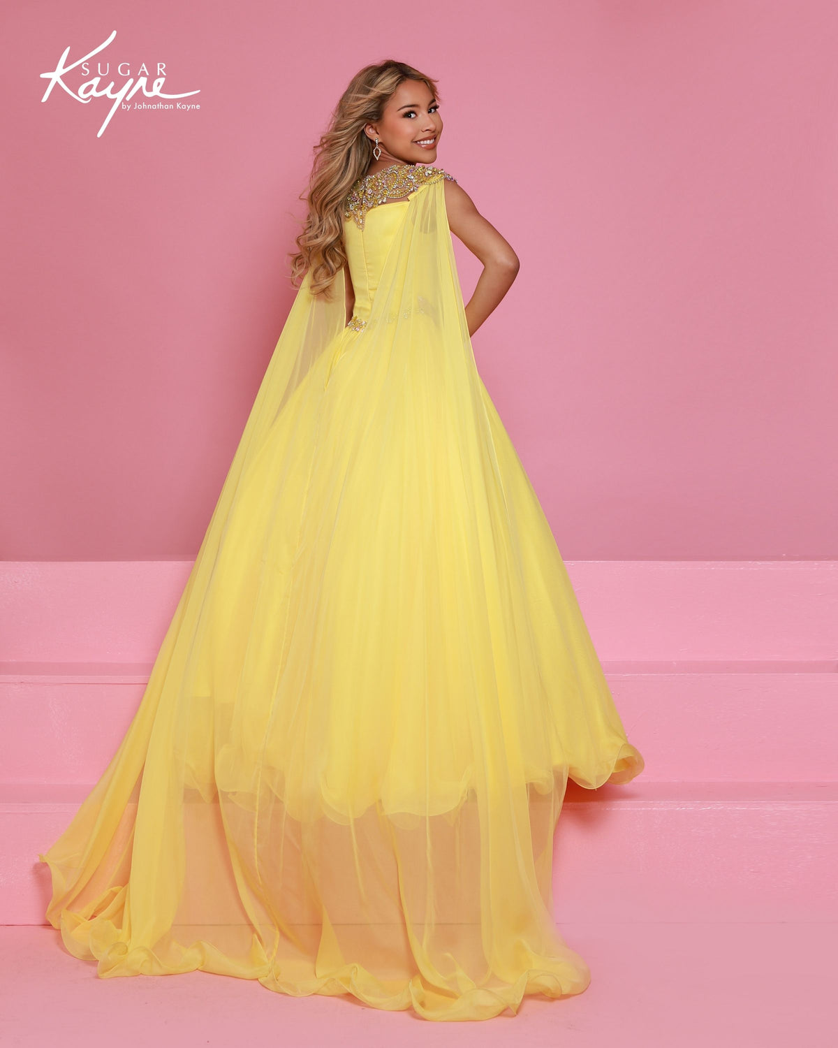 Sugar Kayne C415 Girls Lemon Yellow Pageant Dress Chiffon Cape back