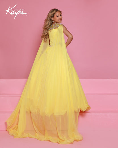 Sugar Kayne C415 Girls Lemon Yellow Pageant Dress Chiffon Cape back