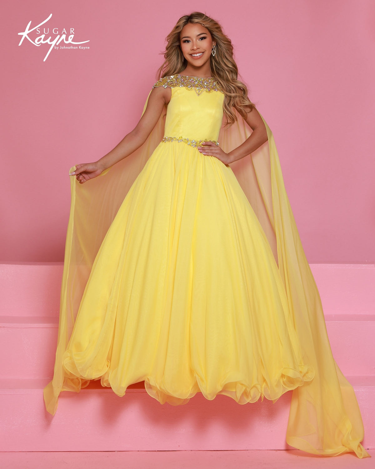 Sugar Kayne C415 Girls Lemon Yellow Pageant Dress Crystal Neckline Chiffon Cape