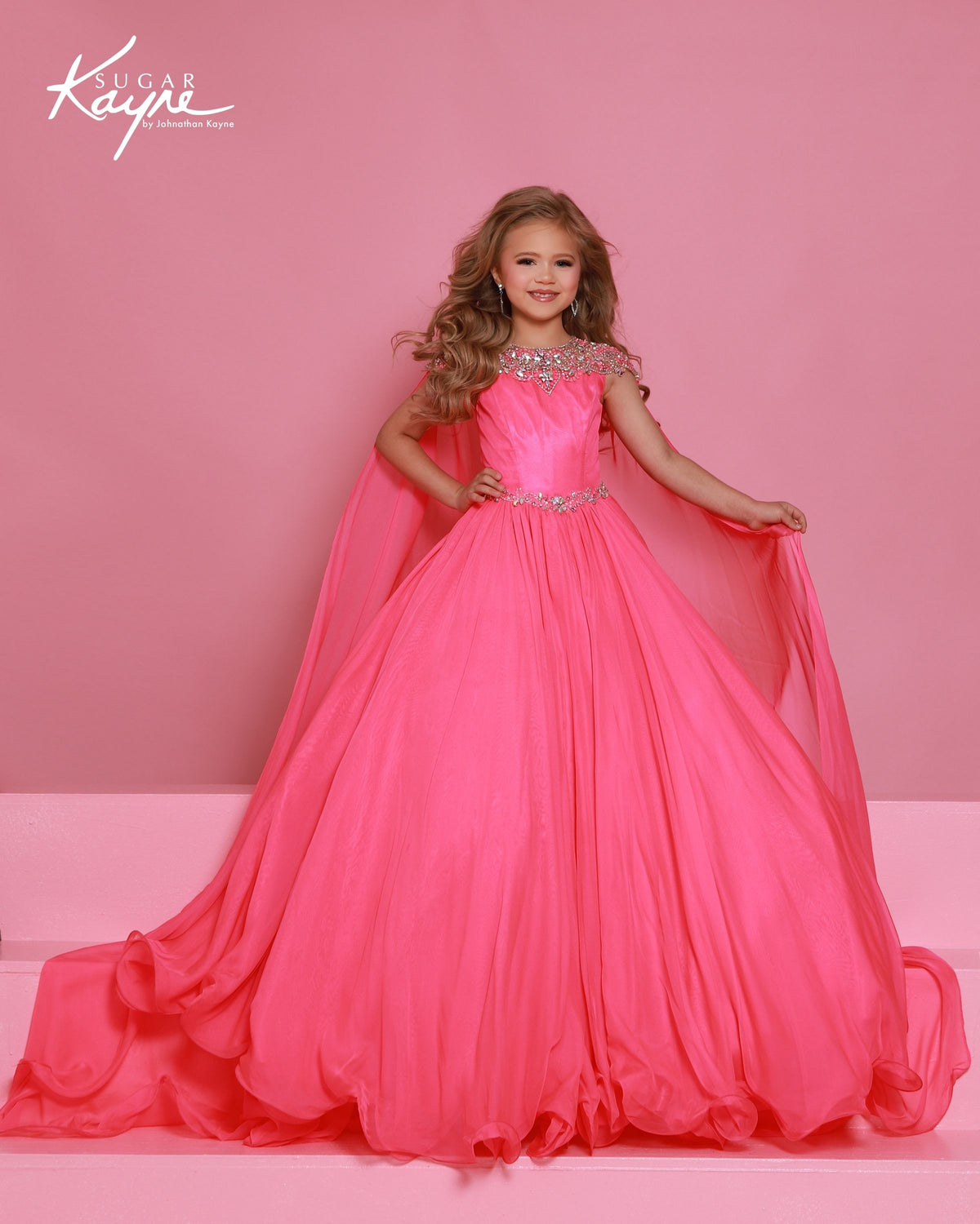 Sugar Kayne C415 Girls Neion Pink Pageant Dress Chiffon Cape