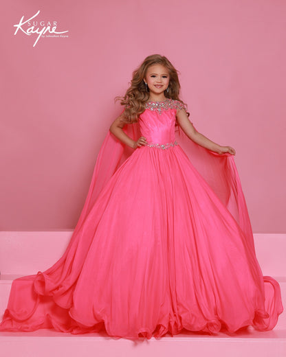 Sugar Kayne C415 Girls Neion Pink Pageant Dress Chiffon Cape