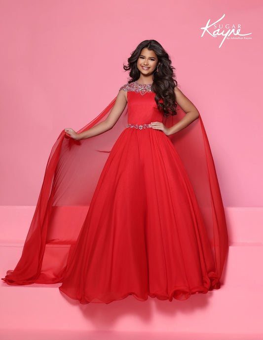 Sugar Kayne C415 Girls Red Pageant Dress Chiffon Cape