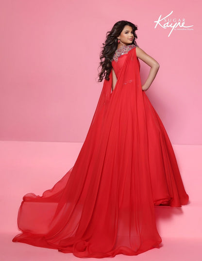 Sugar Kayne C415 Girls Red Pageant Dress Chiffon Cape back