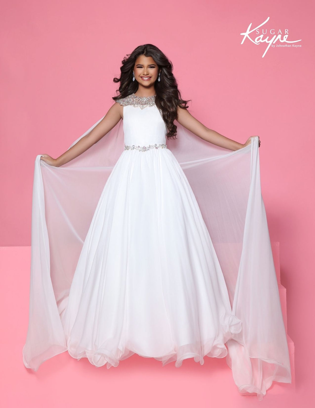 Sugar Kayne C415 Girls White Pageant Dress Chiffon Cape