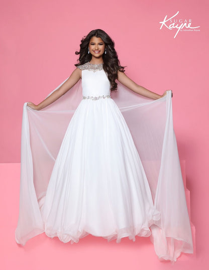 Sugar Kayne C415 Girls White Pageant Dress Chiffon Cape