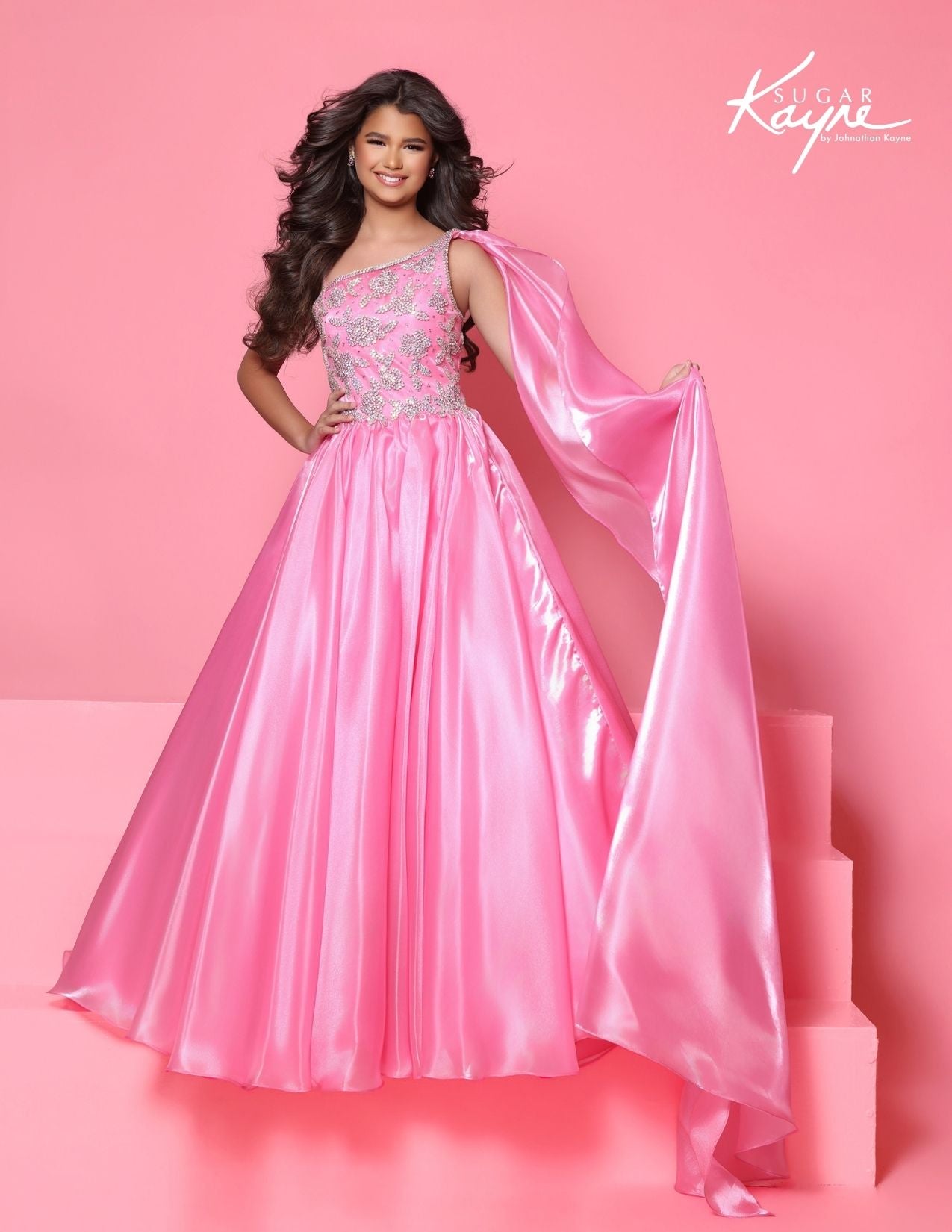 Sugar Kayne C417 Bubblegum Pink Girls Pageant Dress One Shoulder Cape
