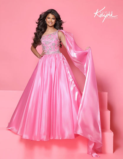 Sugar Kayne C417 Bubblegum Pink Girls Pageant Dress One Shoulder Cape