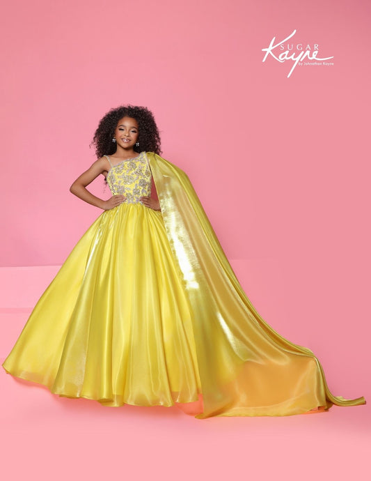 Sugar Kayne C417 Canary Yellow Girls Pageant Dress One Shoulder Cape