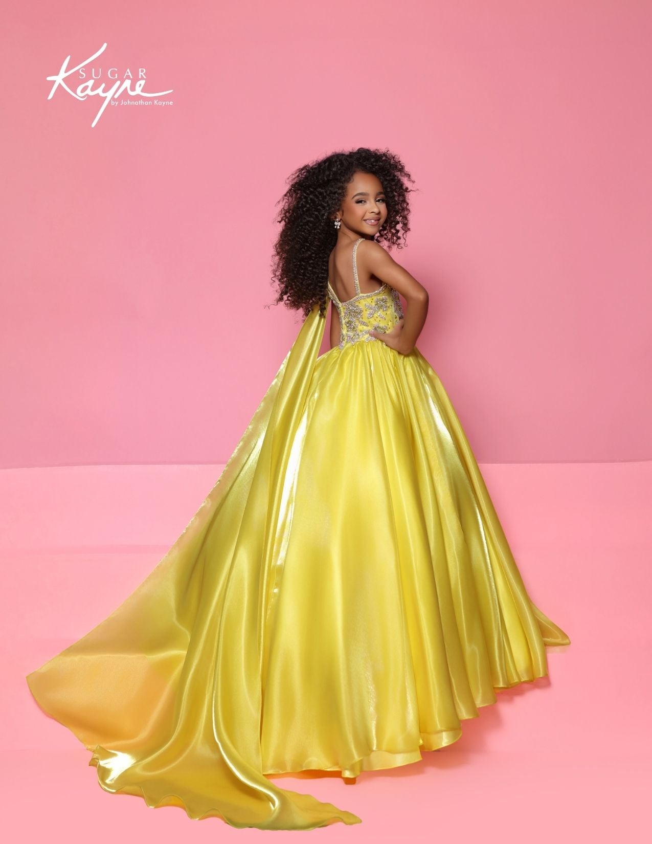 Sugar Kayne C417 Canary Yellow Girls Pageant Dress One Shoulder Cape