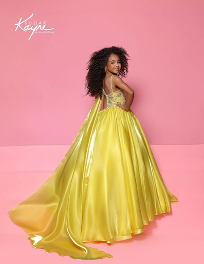Sugar Kayne C417 Canary Yellow Girls Pageant Dress One Shoulder Cape