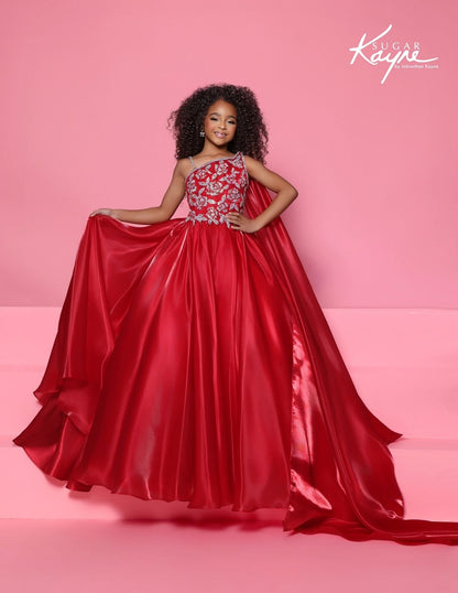 Sugar Kayne C417 Girls Cherry Red Pageant Dress One Shoulder Cape