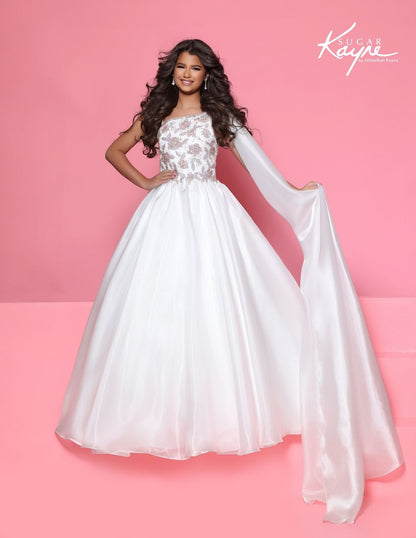 Sugar Kayne C417 Girls White Pageant Dress One Shoulder Cape
