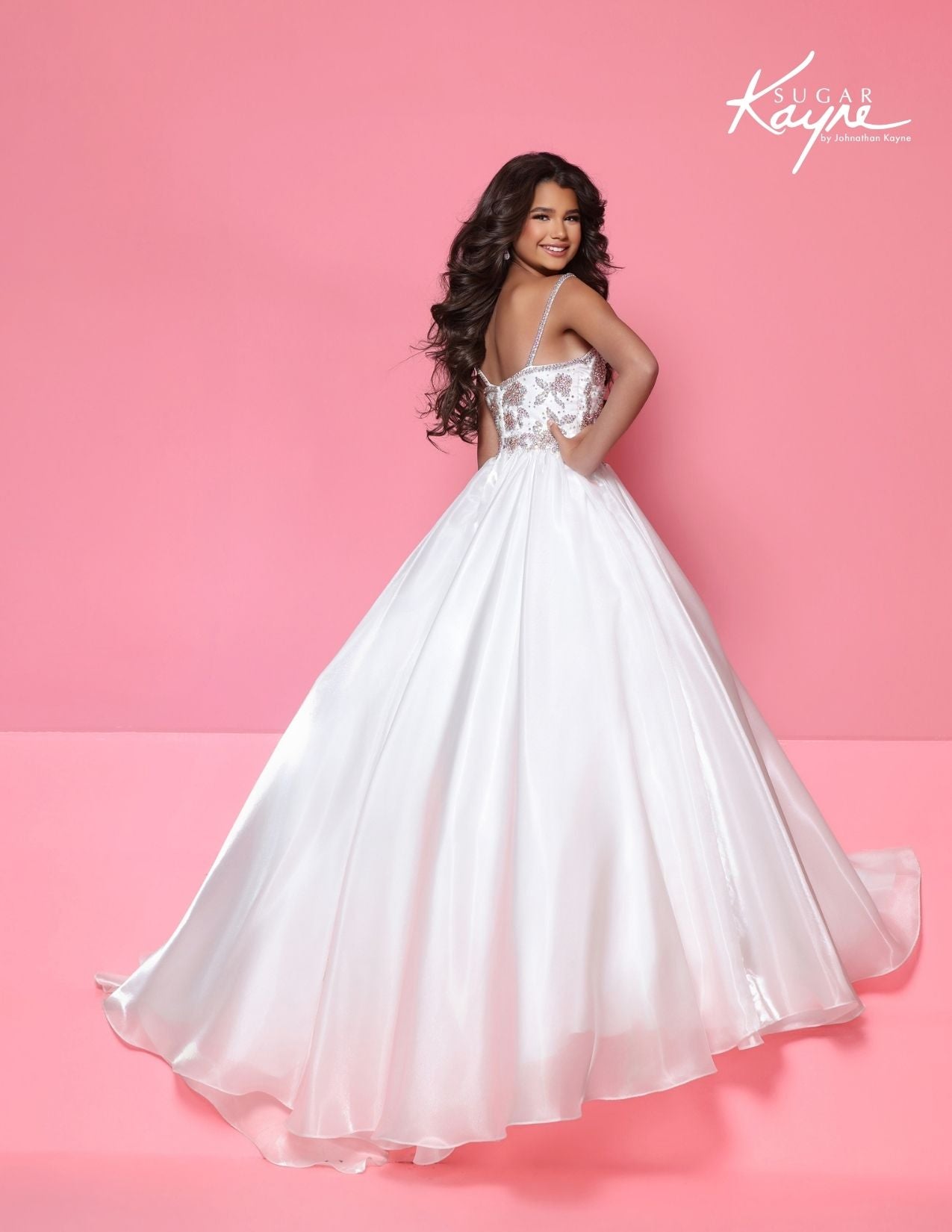 Sugar Kayne C417 Girls White Pageant Dress One Shoulder Cape back