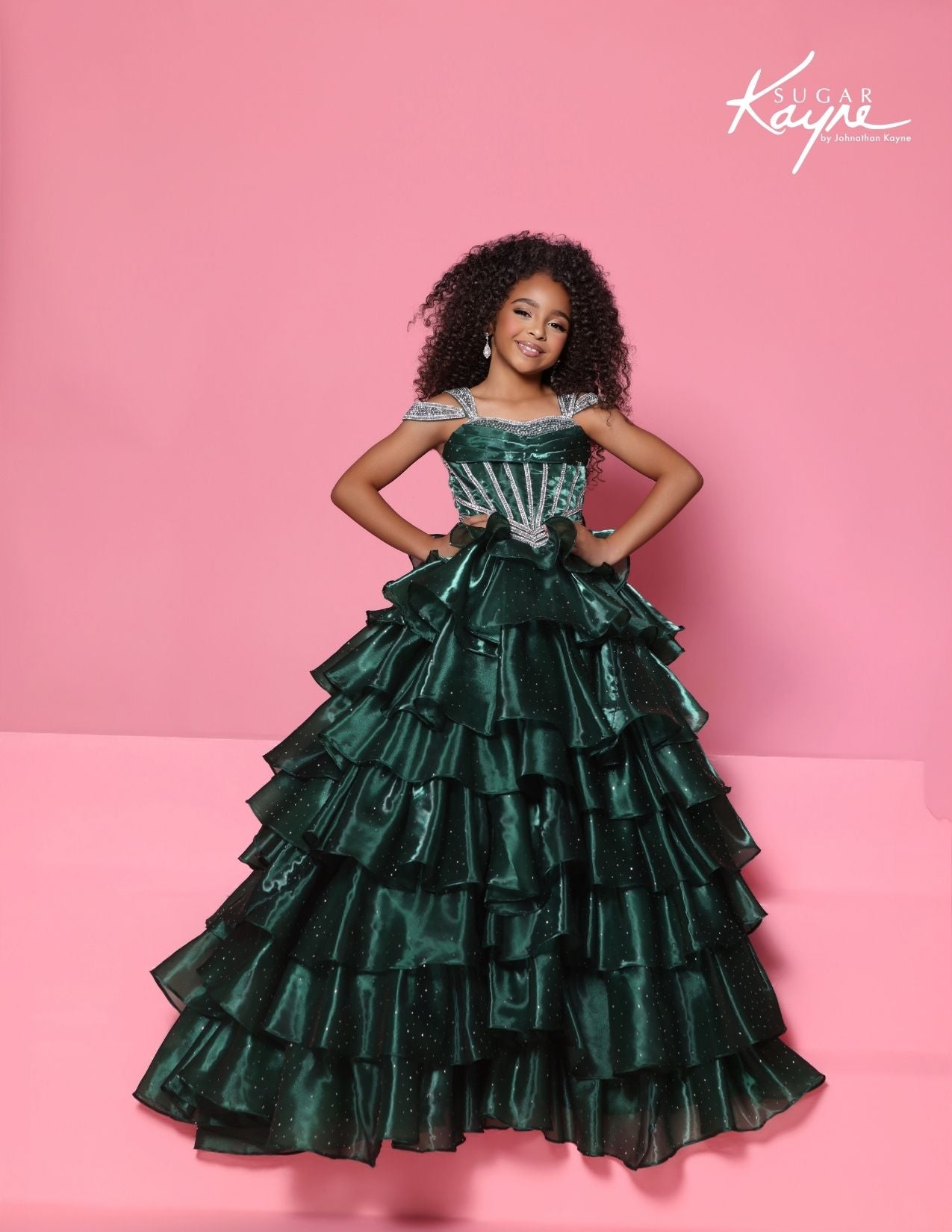 Sugar Kayne C418 Emerald Green Girls Pageant Dress Corset Style Ruffle Layer Skirt