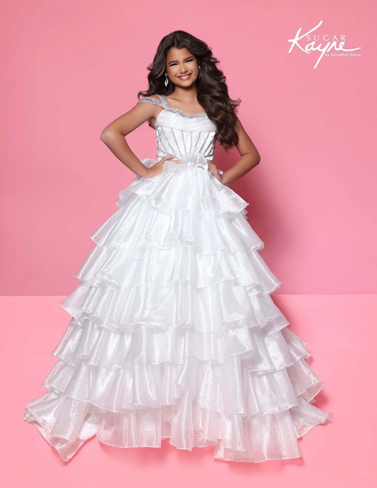 Sugar Kayne C418 Girls White Pageant Dress Corset Style Ruffle Layer Skirt