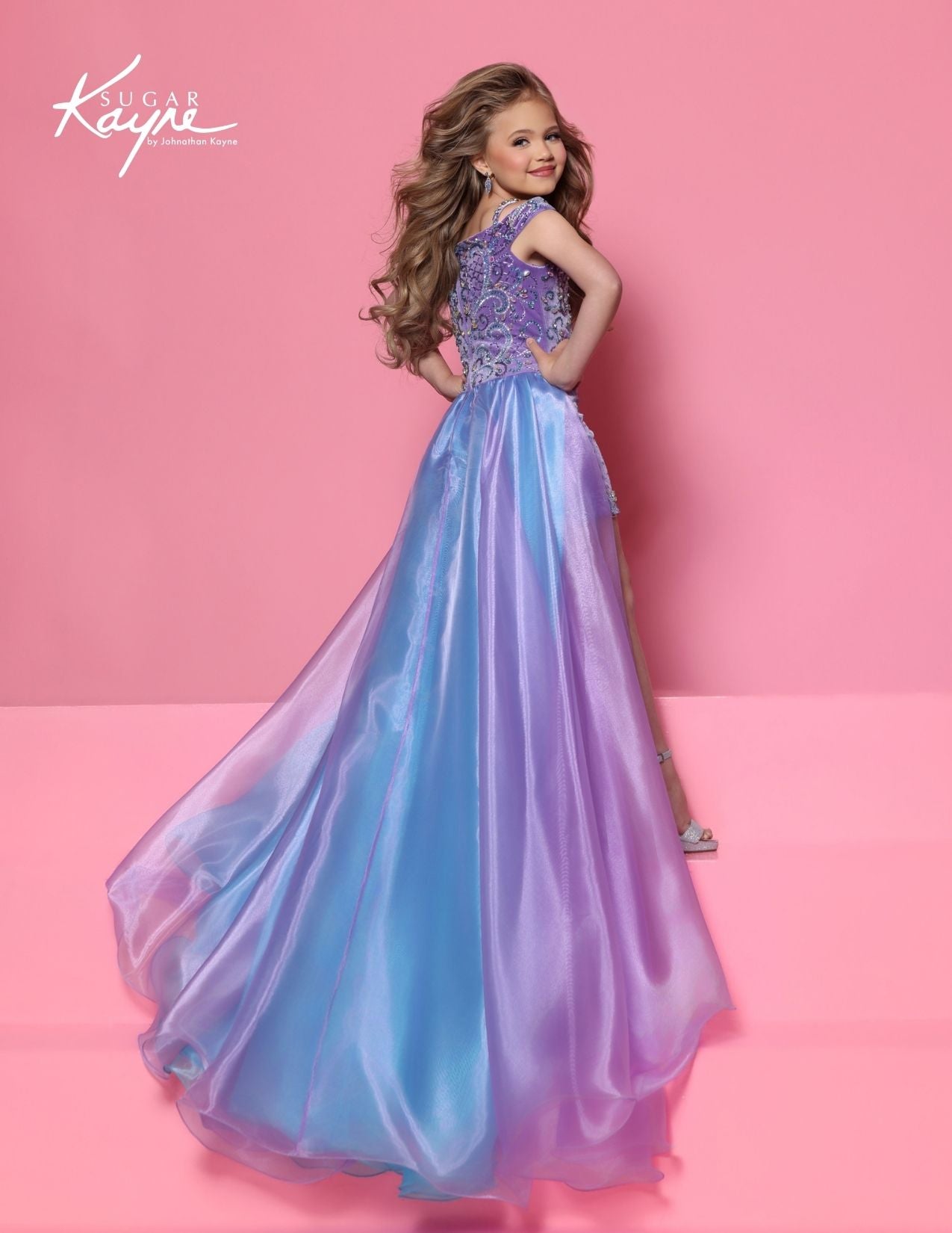 Sugar Kayne C420 Lilac Aqua Girls Fun Fashion Romper with Shimmer Overskirt back