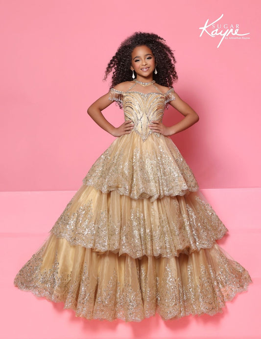 Sugar Kayne C421 Girls Gold Pageant Dress