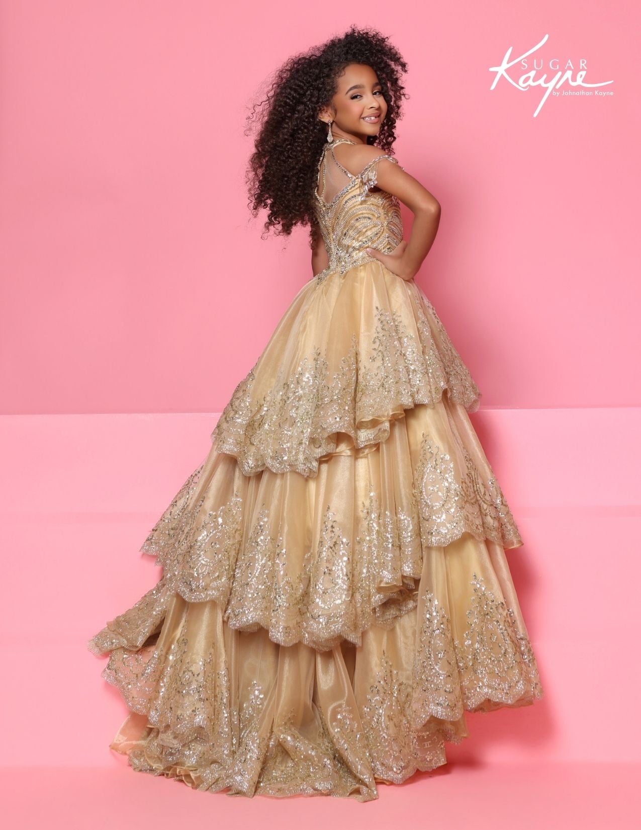 Sugar Kayne C421 Girls Gold Pageant Dress back