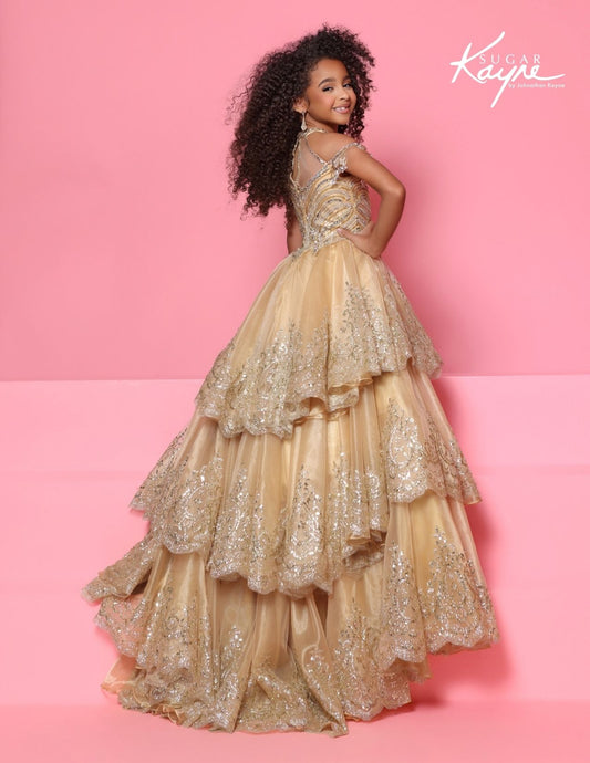 Sugar Kayne C421 Girls Gold Pageant Dress back