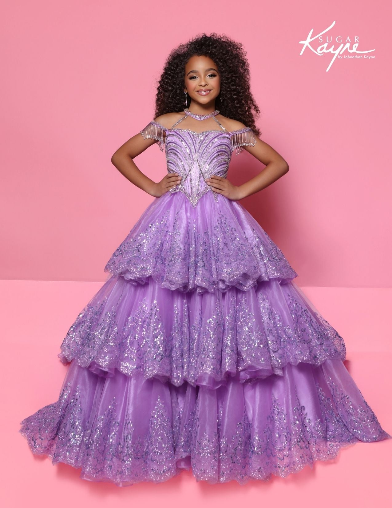 Sugar Kayne C421 Girls Orchid Pageant Dress Embellished Layers