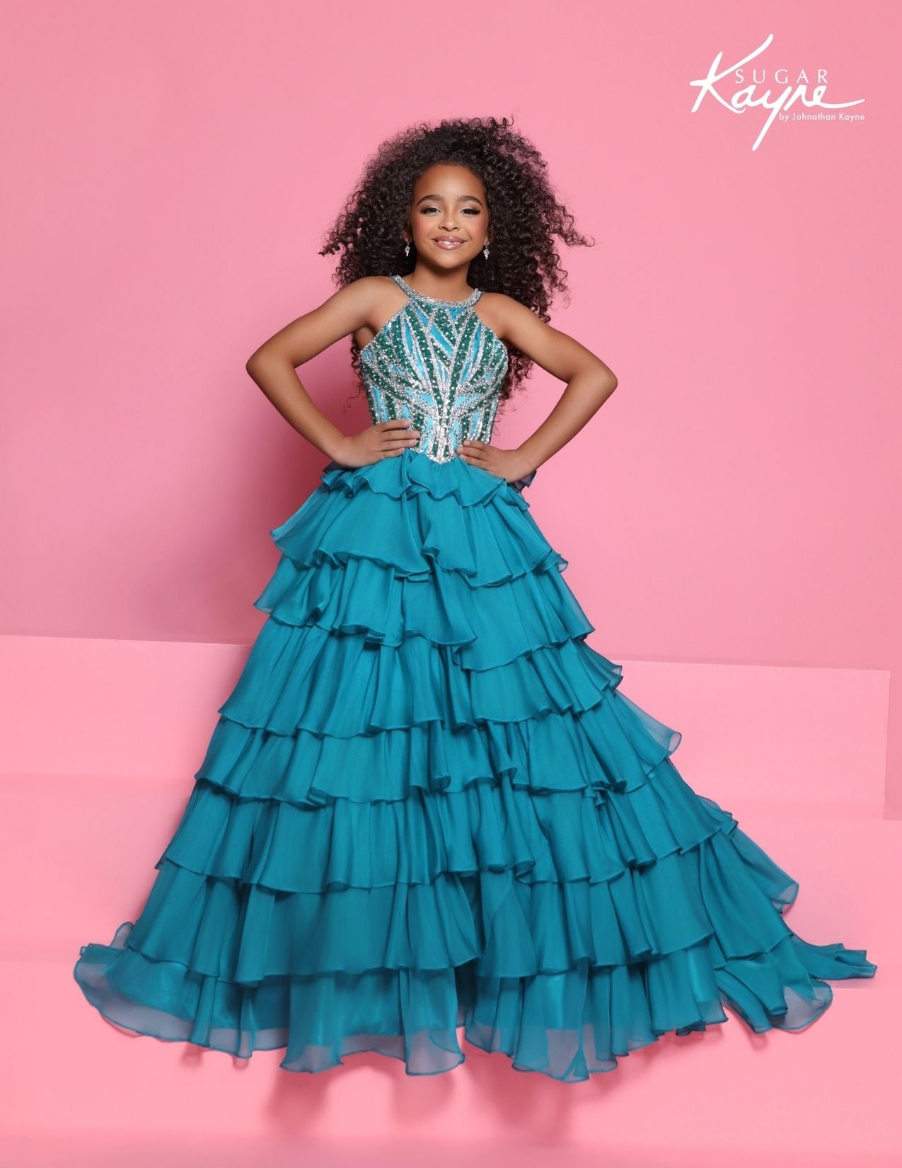 Sugar Kayne C423 Girls Jade Green Pageant Dress Tiered Ruffles