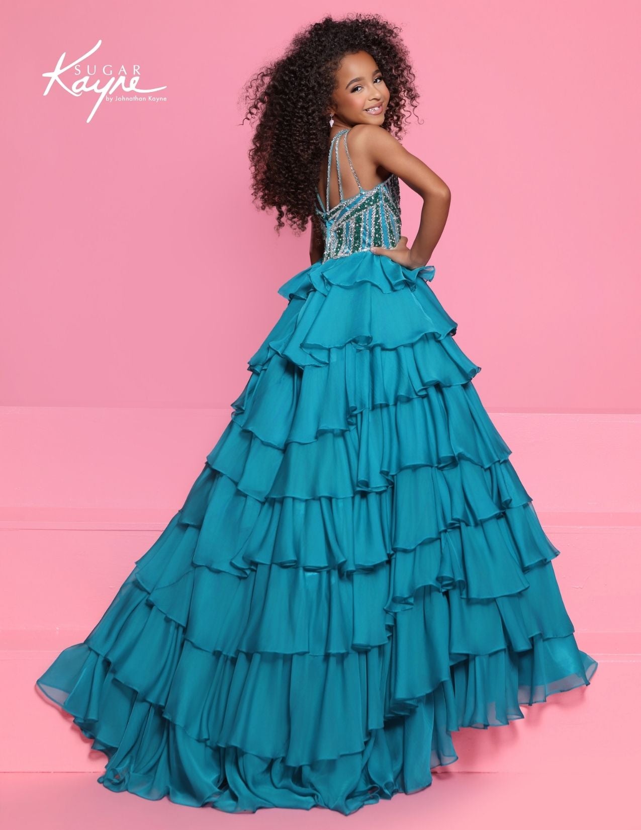 Sugar Kayne C423 Girls Jade Green Pageant Dress Tiered Ruffles back