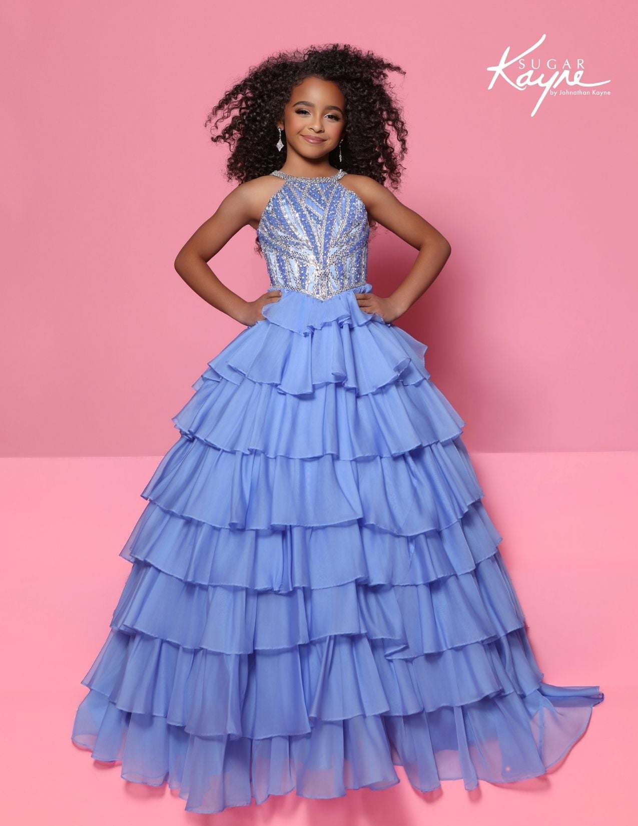 Sugar Kayne C423 Girls Periwinkle Pageant Dress Tiered Ruffles